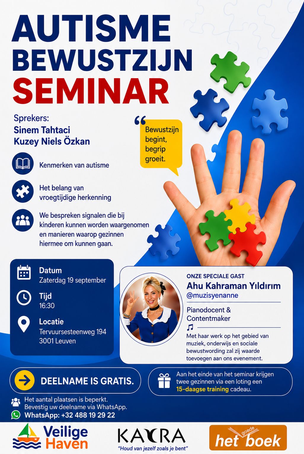 Aankondigingsposter van het Autisme Bewustzijn Seminar op zaterdag 19 september, met sprekers Sinem Tahtacı Özkan en Niels Kuzey Özkan en speciale gast Ahu Kahraman Yıldırım